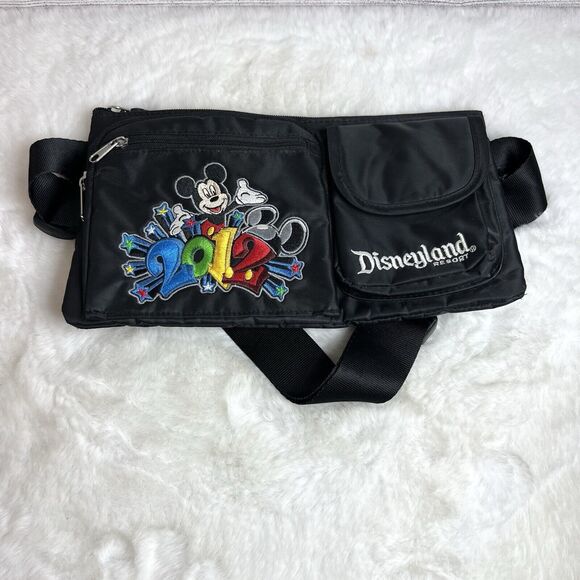 Disneyland 2012 Embroidered Mickey Fanny Pack Waist Bag Multi Pockets Black - Picture 1 of 12